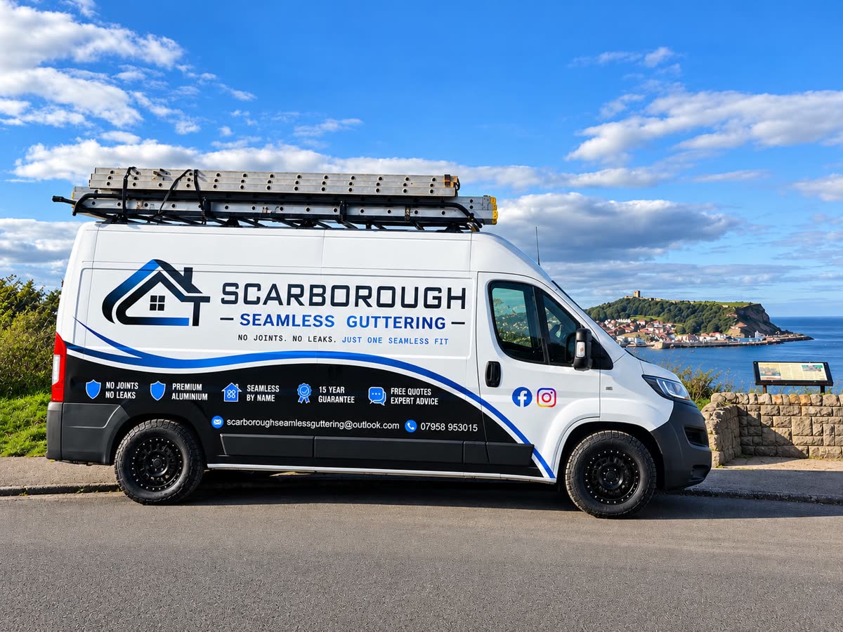 The Scarborough Seamless Guttering van above South Bay, with Scarborough Castle on the headland behind